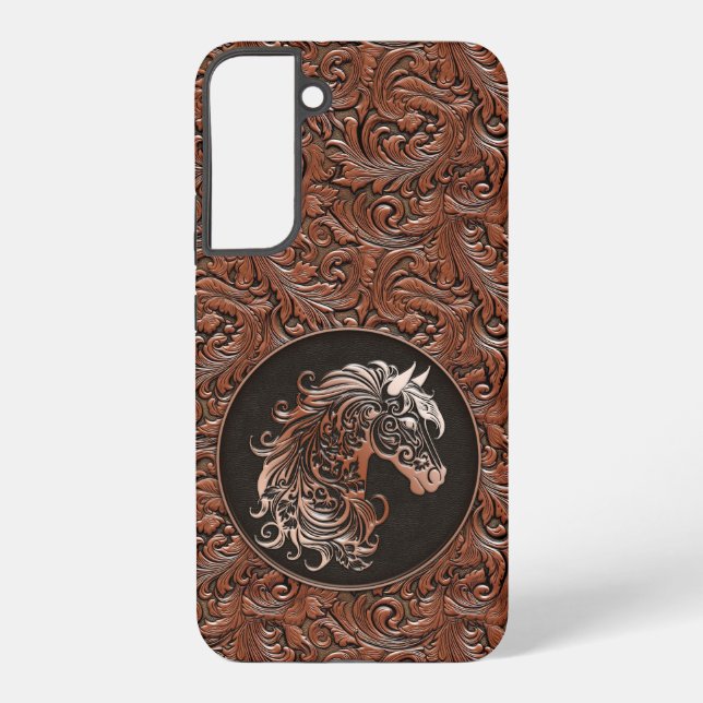 Brown cowgirl floral tooled leather horse head samsung galaxy case (Back)