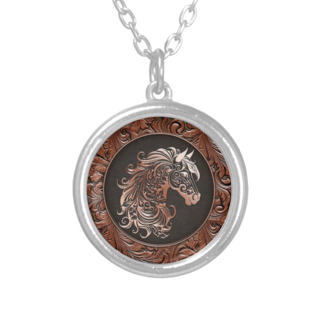 Brown cowgirl floral tooled leather horse head silver plated necklace (Front)