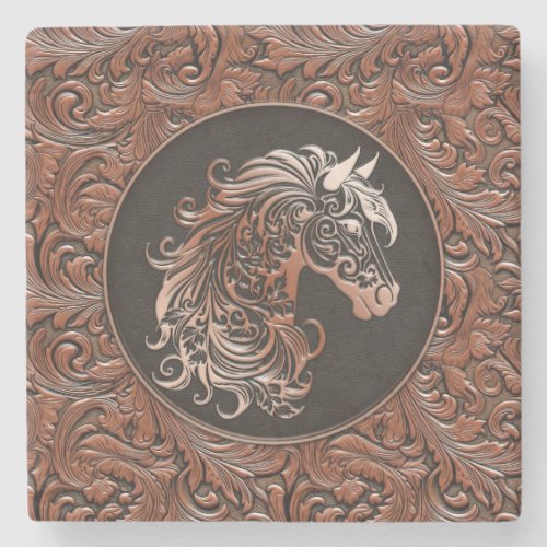 Brown cowgirl floral tooled leather horse head stone coaster