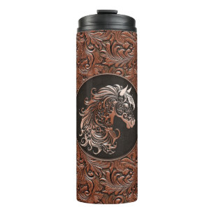 Brown cowgirl floral tooled leather horse head thermal tumbler