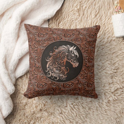 Brown cowgirl floral tooled leather horse head throw pillow