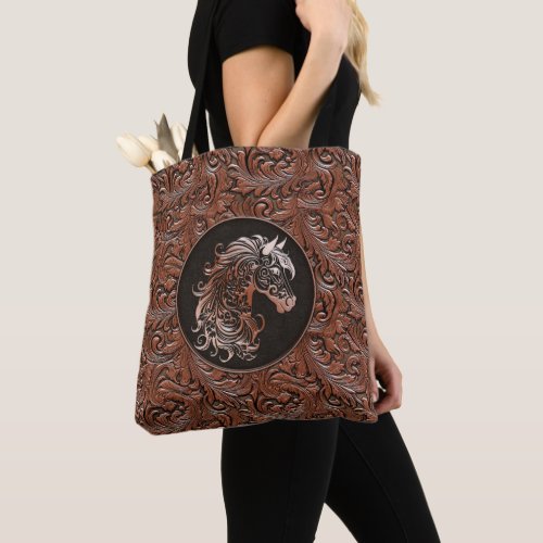 Brown cowgirl floral tooled leather horse head tote bag