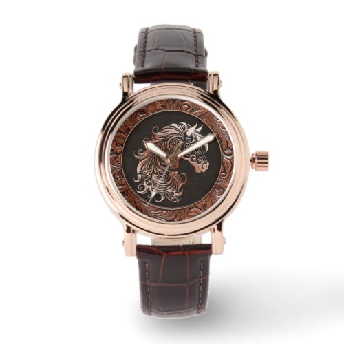 Brown cowgirl floral tooled leather horse head watch