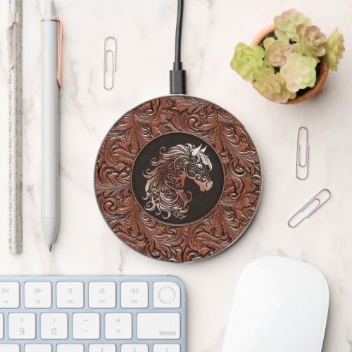 Brown cowgirl floral tooled leather horse head wireless charger 