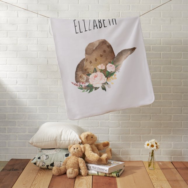 Brown Cowgirl Hat with Pink Flowers Baby Blanket (In Situ)