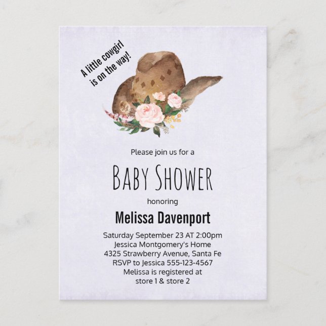 Brown Cowgirl Hat with Pink Flowers Baby Shower Invitation Postcard (Front)