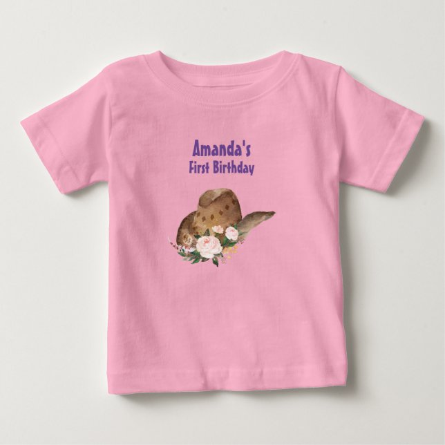 Brown Cowgirl Hat with Pink Flowers Birthday Baby T-Shirt (Front)