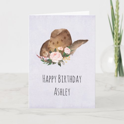 Brown Cowgirl Hat with Pink Flowers Birthday Card