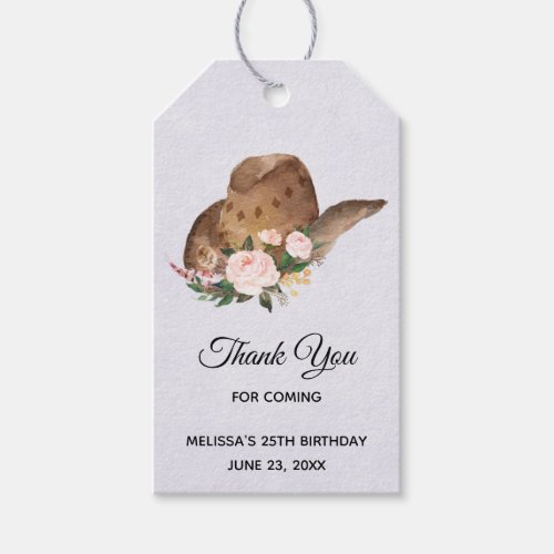 Brown Cowgirl Hat with Pink Flowers Birthday Gift Tags