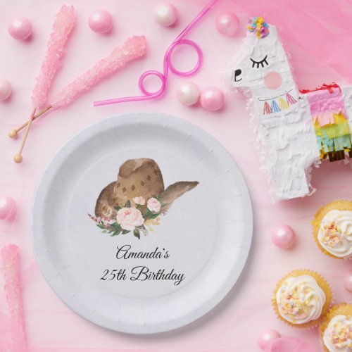 Brown Cowgirl Hat with Pink Flowers Birthday Paper Plates