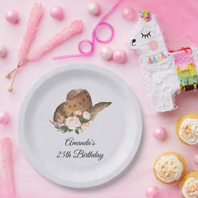 Brown Cowgirl Hat with Pink Flowers Birthday Paper Plates (Party)