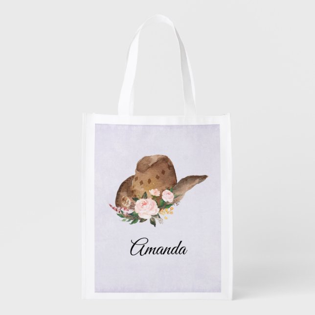 Brown Cowgirl Hat with Pink Flowers Grocery Bag (Front)