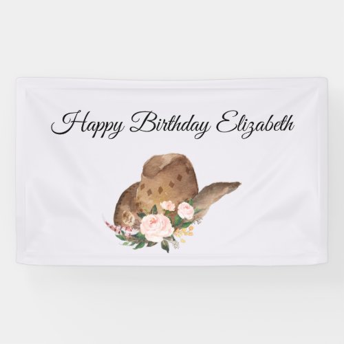Brown Cowgirl Hat with Pink Flowers Happy Birthday Banner