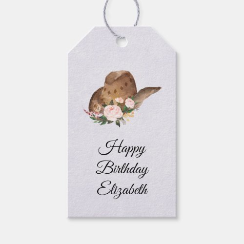 Brown Cowgirl Hat with Pink Flowers Happy Birthday Gift Tags