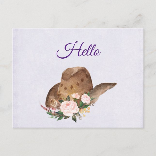 Brown Cowgirl Hat with Pink Flowers Hello Postcard (Front)