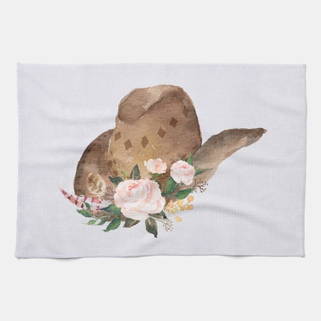 Brown Cowgirl Hat with Pink Flowers Kitchen Towel (Horizontal)
