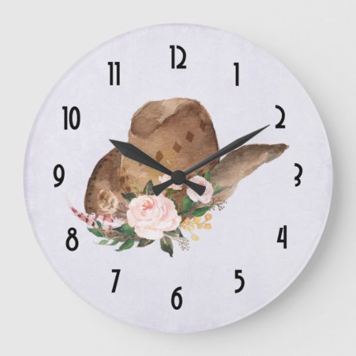 Brown Cowgirl Hat with Pink Flowers Large Clock