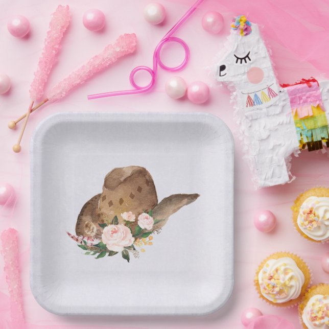 Brown Cowgirl Hat with Pink Flowers Paper Plates (Party)