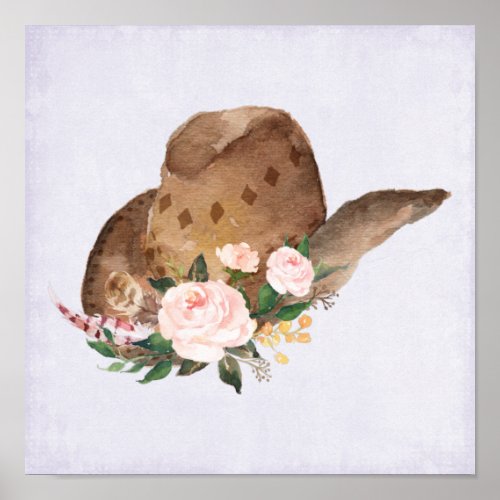 Brown Cowgirl Hat with Pink Flowers Poster