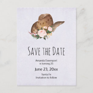 Brown Cowgirl Hat with Pink Flowers Save the Date Invitation Postcard