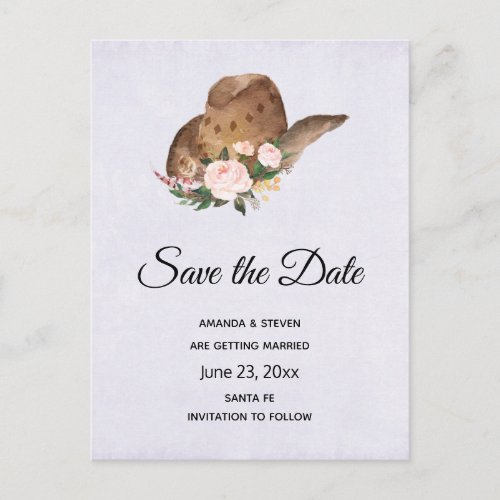 Brown Cowgirl Hat with Pink Flowers Save the Date Invitation Postcard