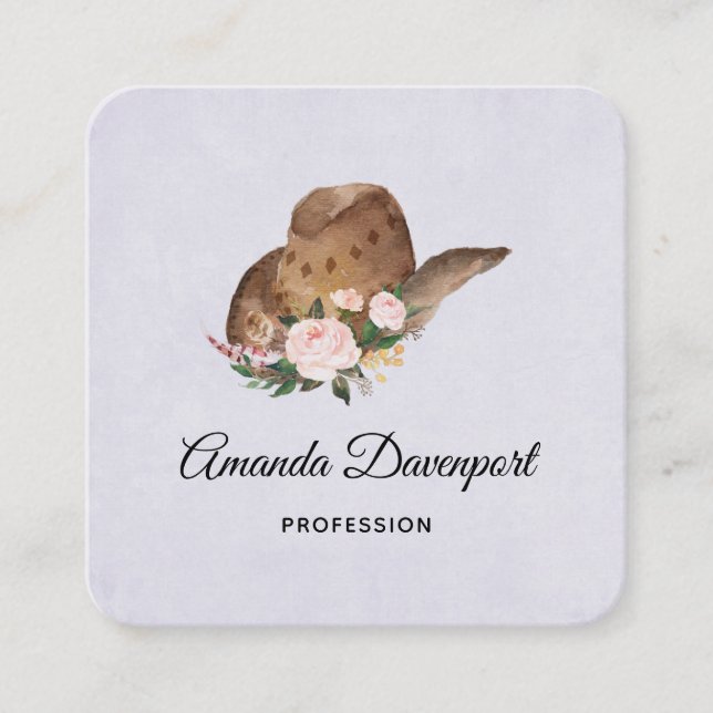 Brown Cowgirl Hat with Pink Flowers Square Business Card (Front)