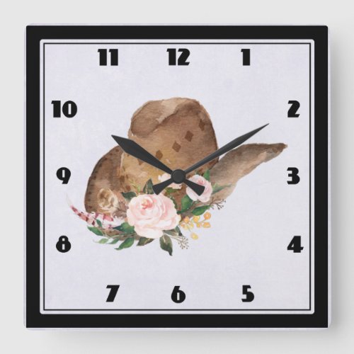 Brown Cowgirl Hat with Pink Flowers Square Wall Clock
