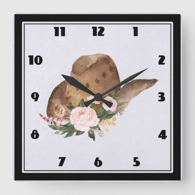 Brown Cowgirl Hat with Pink Flowers Square Wall Clock (Front)