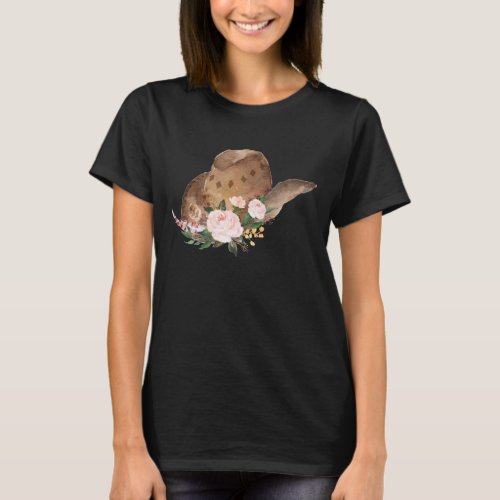 Brown Cowgirl Hat with Pink Flowers T_Shirt