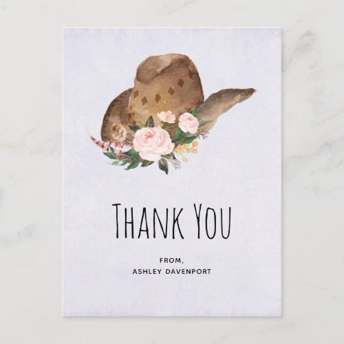 Brown Cowgirl Hat with Pink Flowers Thank You Postcard