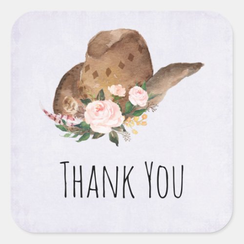 Brown Cowgirl Hat with Pink Flowers Thank You Square Sticker