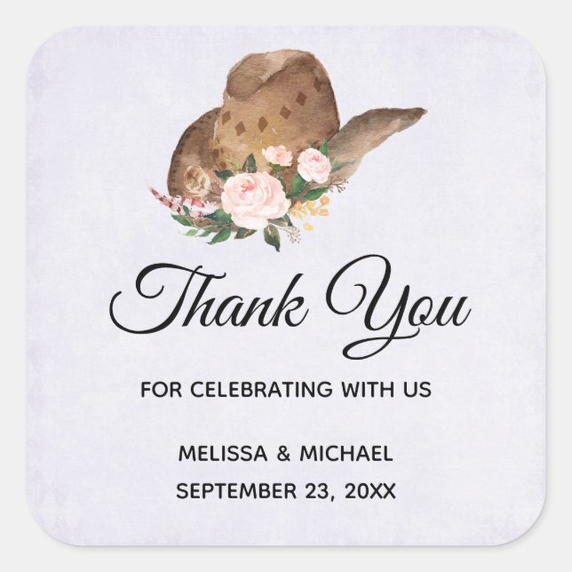 Brown Cowgirl Hat with Pink Flowers Thank You Square Sticker (Front)