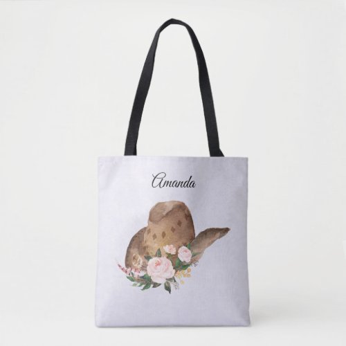Brown Cowgirl Hat with Pink Flowers Tote Bag