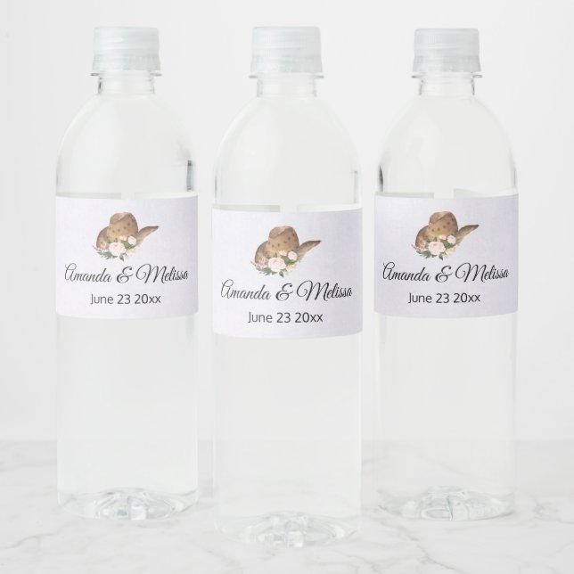 Brown Cowgirl Hat with Pink Flowers Wedding Water Bottle Label (Bottles)