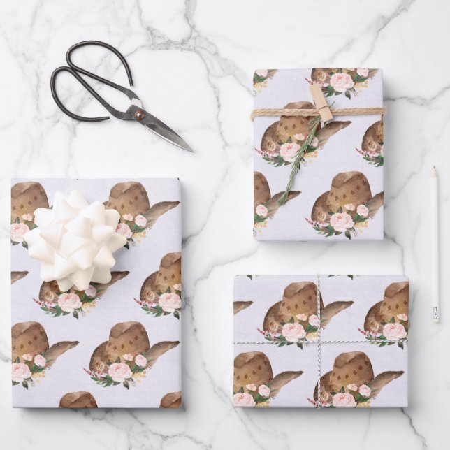 Brown Cowgirl Hat with Pink Flowers Wrapping Paper Sheets (Front)