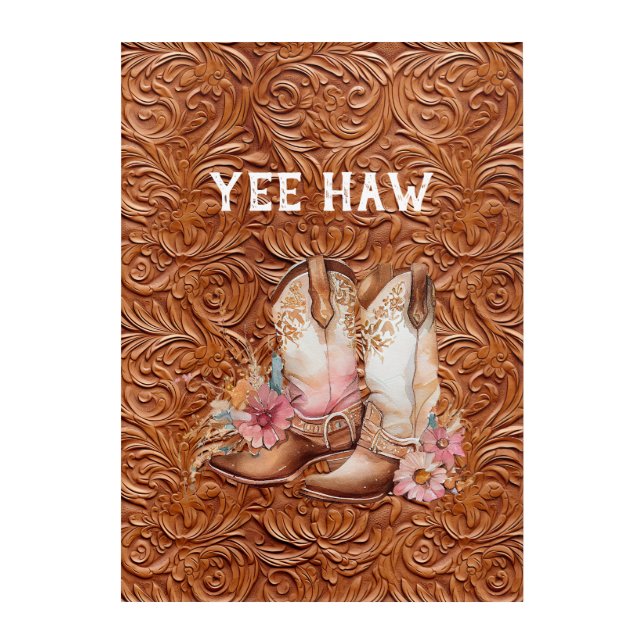Brown Cowgirl Pink Cream Cowhide Floral Boots Acrylic Print (Front)