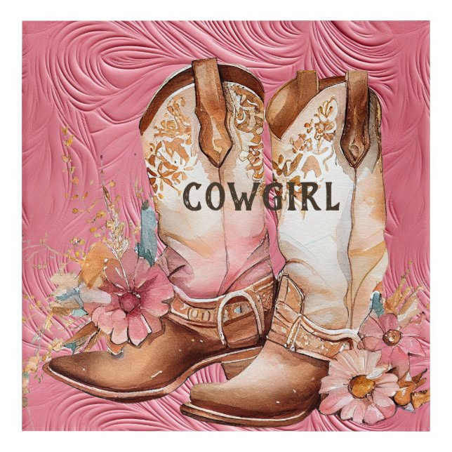Brown Cowgirl Pink Cream Cowhide Floral Boots Acrylic Print (Front)