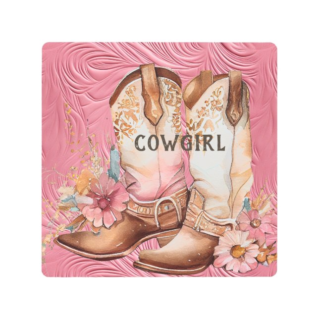 Brown Cowgirl Pink Cream Cowhide Floral Boots Metal Print (Front)