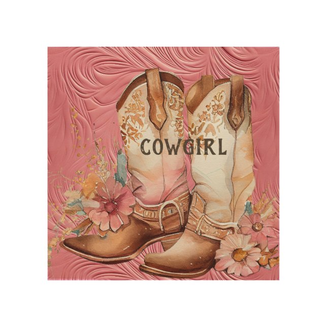 Brown Cowgirl Pink Cream Cowhide Floral Boots Wood Wall Art (Front)