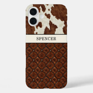 Brown Cowhide and Leather Monogrammed iPhone 16 Plus Case