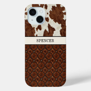 Brown Cowhide and Leather Monogrammed iPhone 15 Case