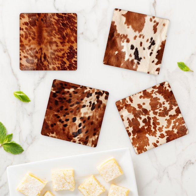 Brown Cowhide Animal Print Coaster Set (In Situ)