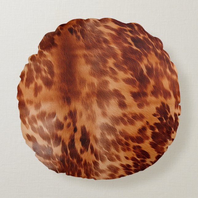 Brown Cowhide Animal Print Round Pillow (Front)