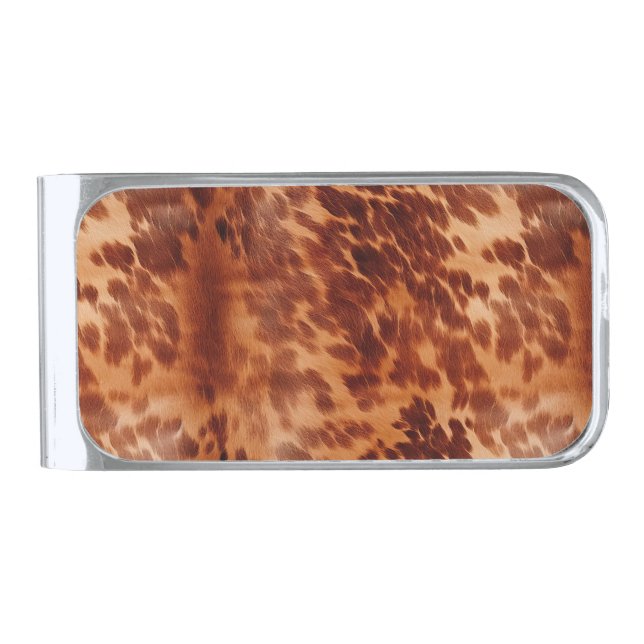 Brown Cowhide Animal Print Silver Finish Money Clip (Front)