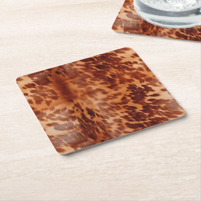 Brown Cowhide Animal Print Square Paper Coaster (Angled)