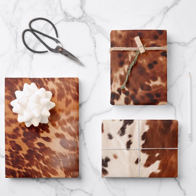 Brown Cowhide Animal Print Wrapping Paper Sheets (Front)