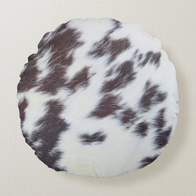 Brown Cowhide, Cow Skin Print Pattern, Modern Cowh Round Pillow (Front)