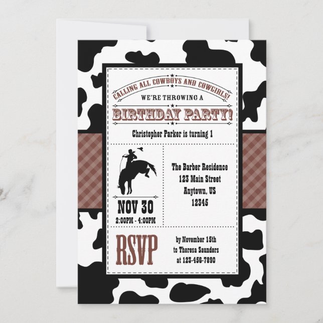 Brown Cowhide Cowboy Birthday Invitation (Front)