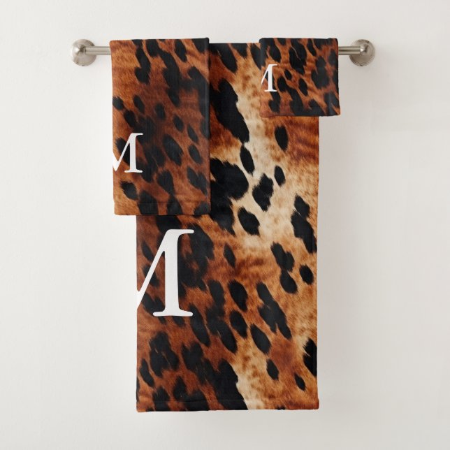 Brown Cowhide Monogram Bath Towel Set (Insitu)