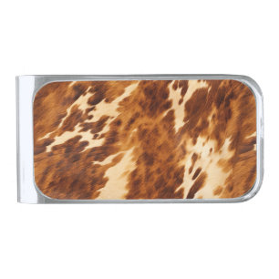 Brown Cowhide Silver Finish Money Clip